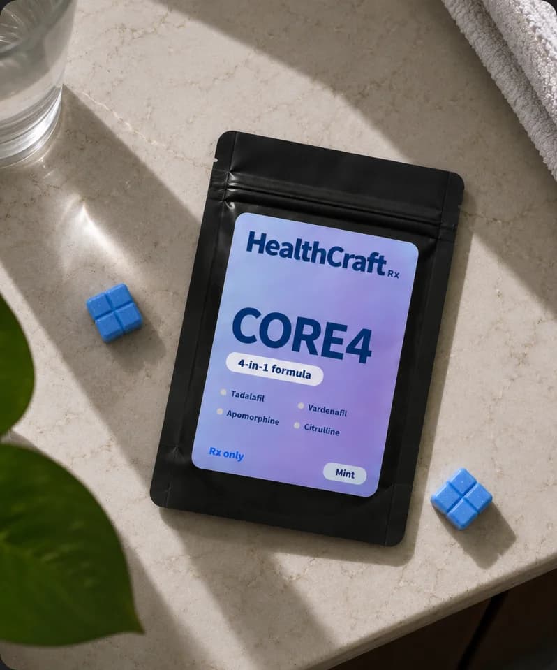 HealthCraft CORE4 pouch on a kitchen counter beside a plant and a glass