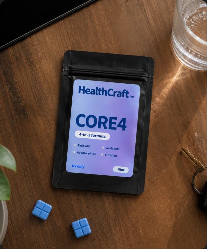 HealthCraft CORE4 pouch on a wooden nightstand beside a phone, a glass, and keys
